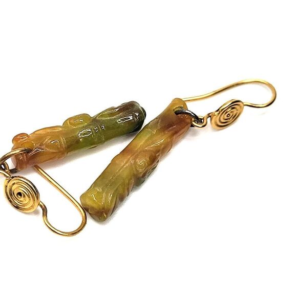 Artisan Carved Jade Orange Green Dangle Drop Earrings 1.75in - Picture 2 of 4